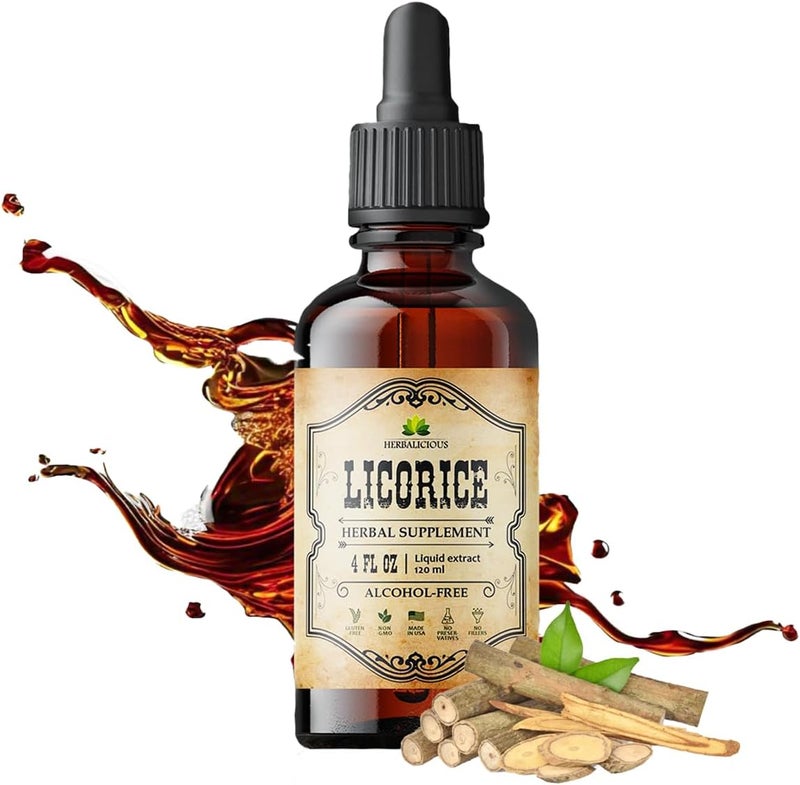 HERBALICIOUS مستخلص جذور العرقسوس (Glycyrrhiza glabra) – مستخلص عشبي سائل عضوي، 4 أونصات سائلة – نباتي، غير معدل وراثيًا، خالي من الغلوتين - Image 1