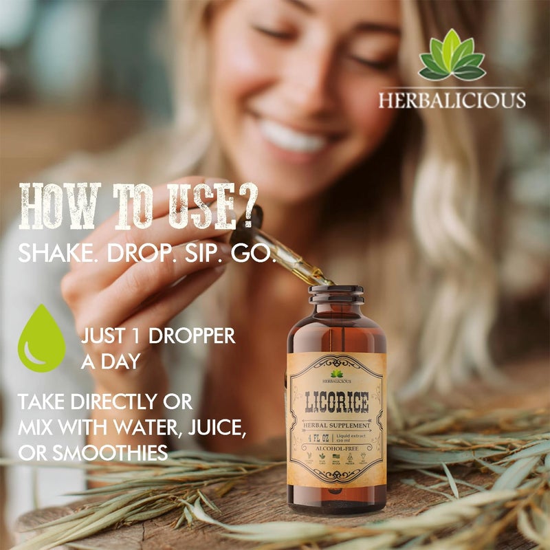 HERBALICIOUS مستخلص جذور العرقسوس (Glycyrrhiza glabra) – مستخلص عشبي سائل عضوي، 4 أونصات سائلة – نباتي، غير معدل وراثيًا، خالي من الغلوتين - Image 3