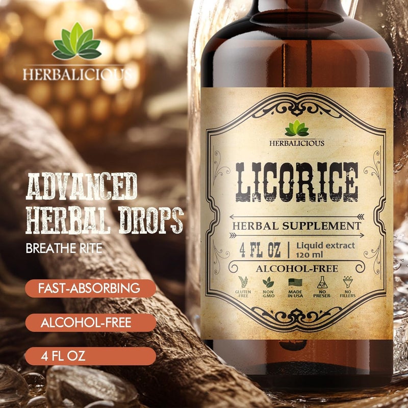 HERBALICIOUS مستخلص جذور العرقسوس (Glycyrrhiza glabra) – مستخلص عشبي سائل عضوي، 4 أونصات سائلة – نباتي، غير معدل وراثيًا، خالي من الغلوتين - Image 2