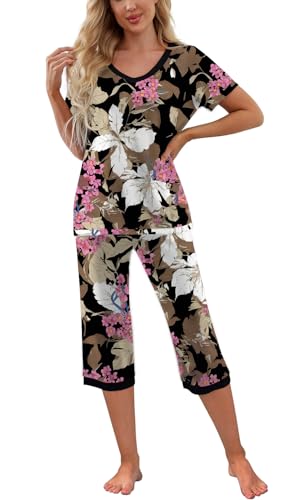 PrinStory Women's Pajama Set Short Sleeve Shirt and Capri Pants Sleepwear Pjs Sets with Pockets FP-Big Leaf Pink-X-Large - Image 2