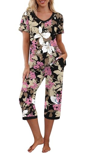 PrinStory Women's Pajama Set Short Sleeve Shirt and Capri Pants Sleepwear Pjs Sets with Pockets FP-Big Leaf Pink-X-Large - Image 1
