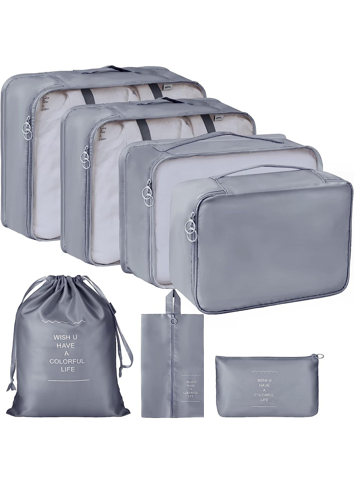 Travel Organizer - Set of 7 Portable Reusable Travel Luggage for Suitcase Organizer, Storage Bag, Compression Bag, Travel Bag with Zipper (Grey)