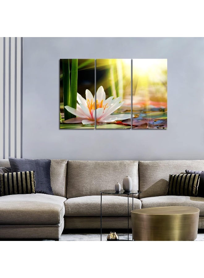 Home Trove 3 Panel Wall Art Beautiful Water Lily Sunshine Painting The Picture Print On Canvas Flower Pictures For Home Decor Decoration Gift Piece (Stretched By Wooden Frame, Ready To Hang) - Image 2