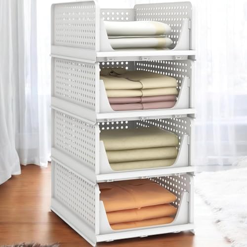 VERAT 4 Pieces Storage and Organisers/Wardrobe Organizer Storage/Plastic Wardrobe/Cloth Adjustable for Foldable/Clothes Organizer Foldable Shirt/Almirah/Cupboard/Cupboard Stackbale Clothes(White) - Image 1