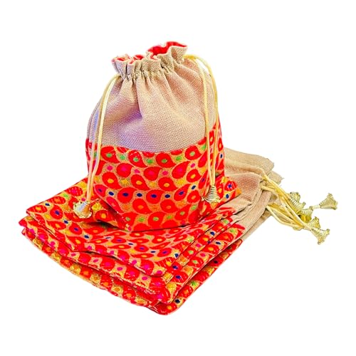 KRIWIN Pack of 20 pcs Big Size Brocade & Jute Potli Gift Bags (23 X 18 cm) Red & Beigeb 500 gr capacity - Image 1