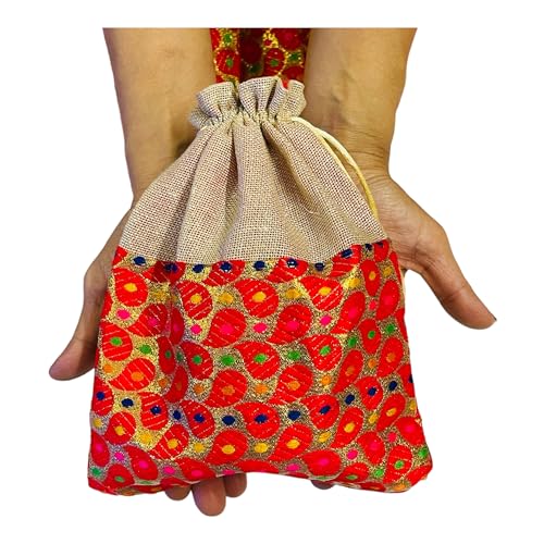 KRIWIN Pack of 20 pcs Big Size Brocade & Jute Potli Gift Bags (23 X 18 cm) Red & Beigeb 500 gr capacity - Image 4