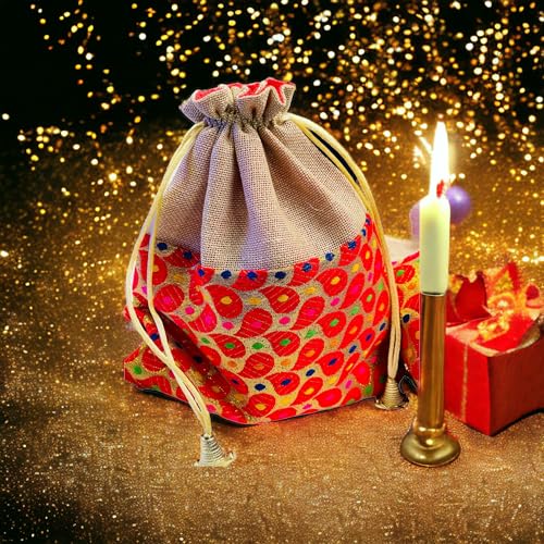 KRIWIN Pack of 20 pcs Big Size Brocade & Jute Potli Gift Bags (23 X 18 cm) Red & Beigeb 500 gr capacity - Image 3
