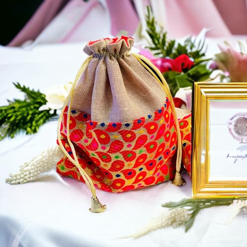 KRIWIN Pack of 20 pcs Big Size Brocade & Jute Potli Gift Bags (23 X 18 cm) Red & Beigeb 500 gr capacity - Image 5