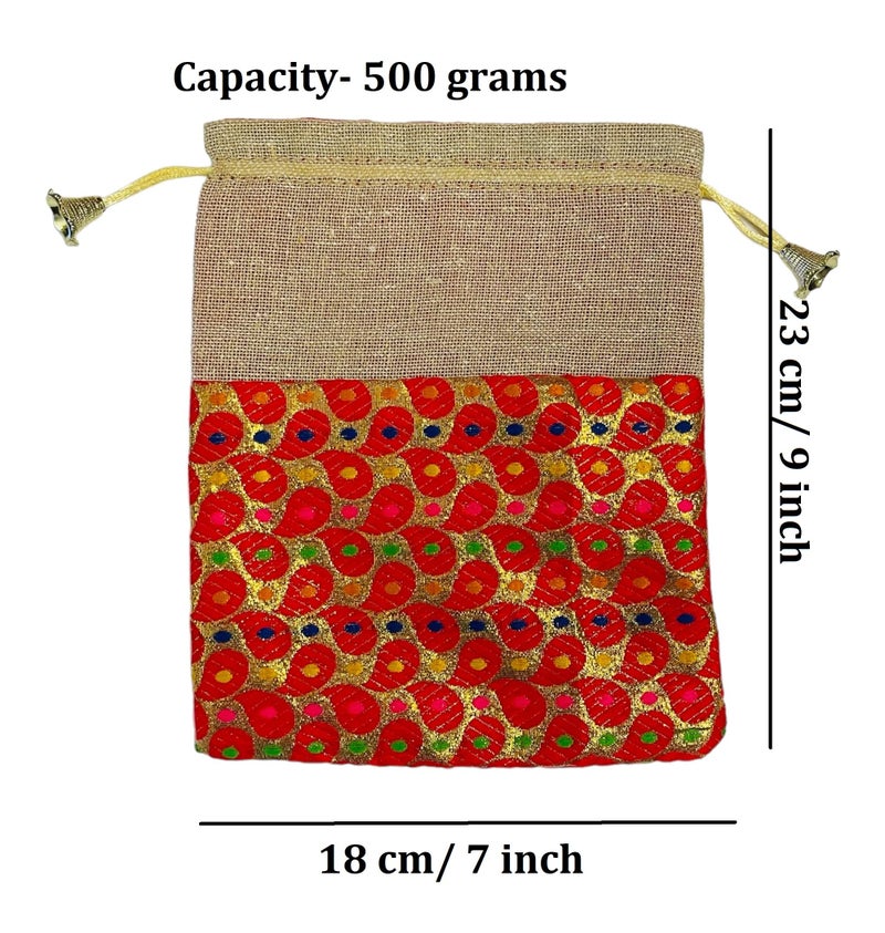 KRIWIN Pack of 20 pcs Big Size Brocade & Jute Potli Gift Bags (23 X 18 cm) Red & Beigeb 500 gr capacity - Image 2