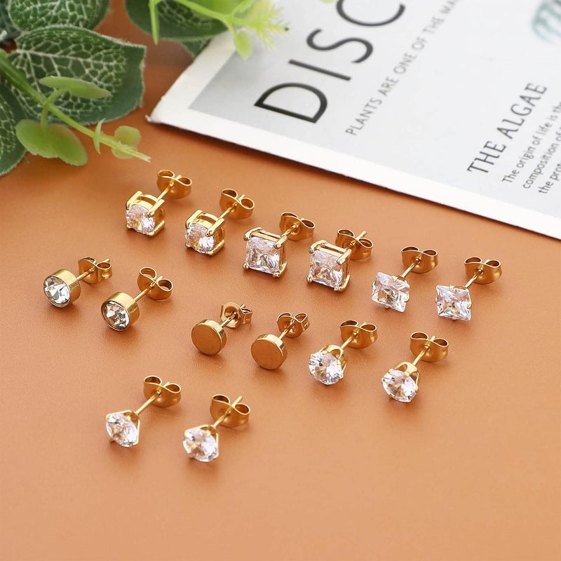 NEWITIN 12 Pairs Stainless Steel Stud Earrings for Men Hypoallergenic Earring Unisex Studs Inlaid Cubic Zirconia Men Earrings Hoop CZ Stud Earring Set for Women - Image 3