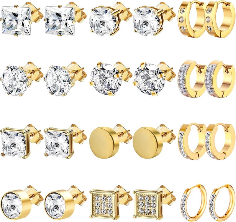 NEWITIN 12 Pairs Stainless Steel Stud Earrings for Men Hypoallergenic Earring Unisex Studs Inlaid Cubic Zirconia Men Earrings Hoop CZ Stud Earring Set for Women - Image 1