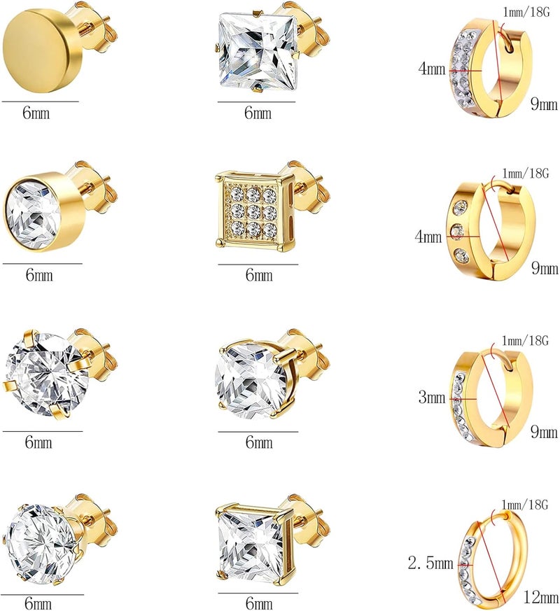 NEWITIN 12 Pairs Stainless Steel Stud Earrings for Men Hypoallergenic Earring Unisex Studs Inlaid Cubic Zirconia Men Earrings Hoop CZ Stud Earring Set for Women - Image 2