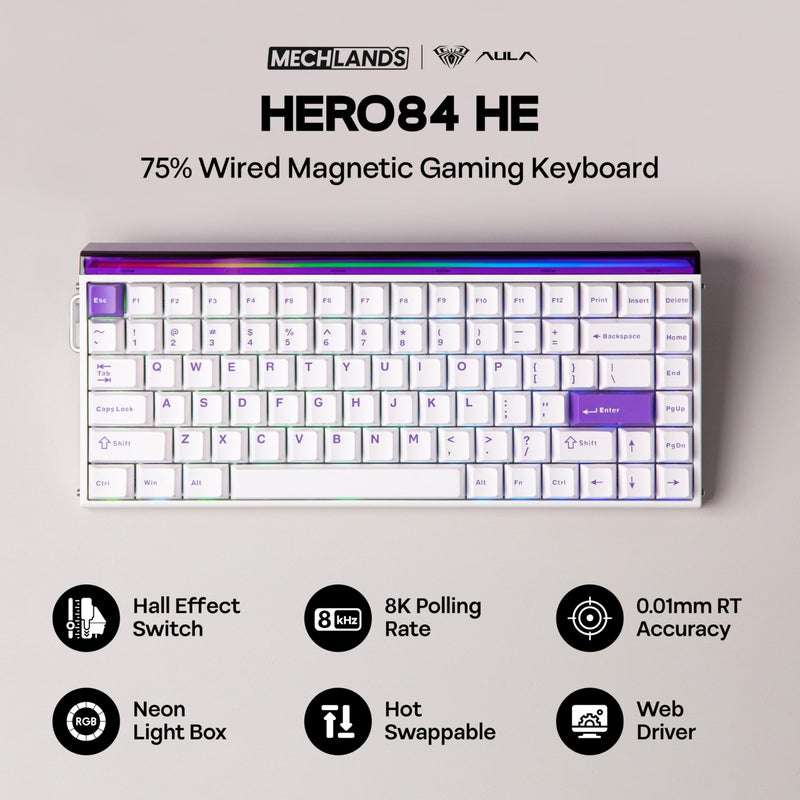 MechLands Aula Hero84 HE Wired Magnetic Gaming Keyboard, Rapid Hall Effect Keyboard with 0.01mm Adjustable Actuation, 8kHz Polling, 5-Layer Sound Dampening, RGB Lightbox & Backlit (White Purple) - Image 2