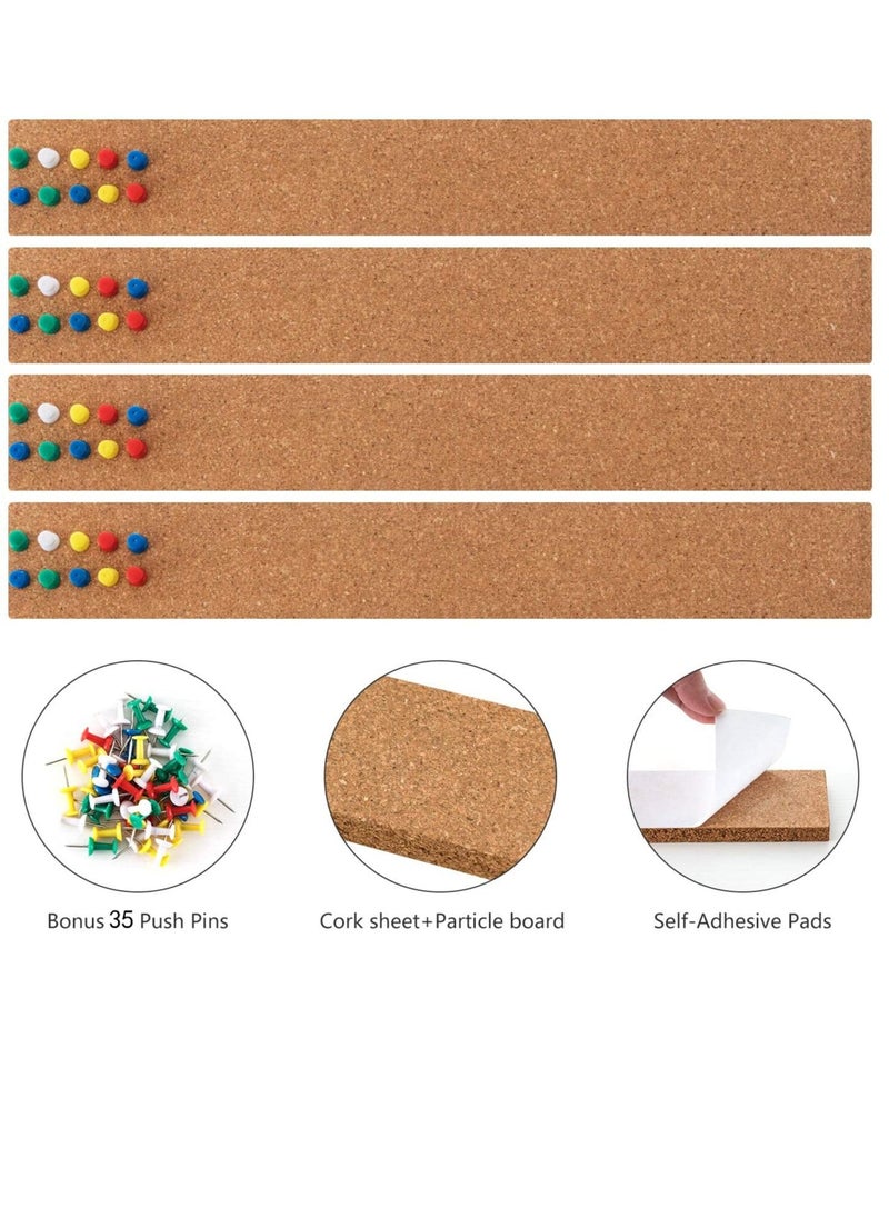 SYOSI - Cork Board Bulletin Board Bar Strip Thick Frameless Cork Board Strips with 35 Multi Color Push Pins Strong Self Adhesive Backing 4 Pack - Image 1