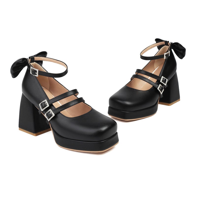 In The Spring Of 2024 Thick-Soled Square-Headed Women'S Shoes 40-48 Super Plus Size Bow Thick High-Heeled Shoes - Image 1