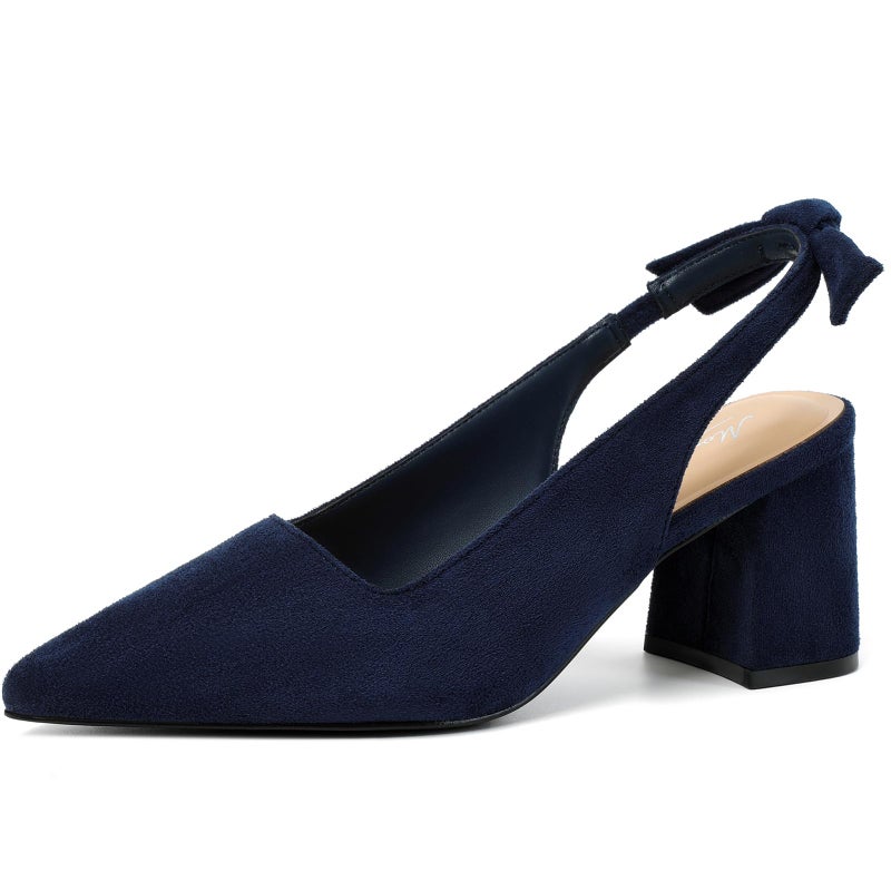Mostrin Navy Blue Block Slingback Heels for Women Suede Pointed Closed Toe Chunky Heels Bow Women's Pumps for Office Work Business Casual - Image 1