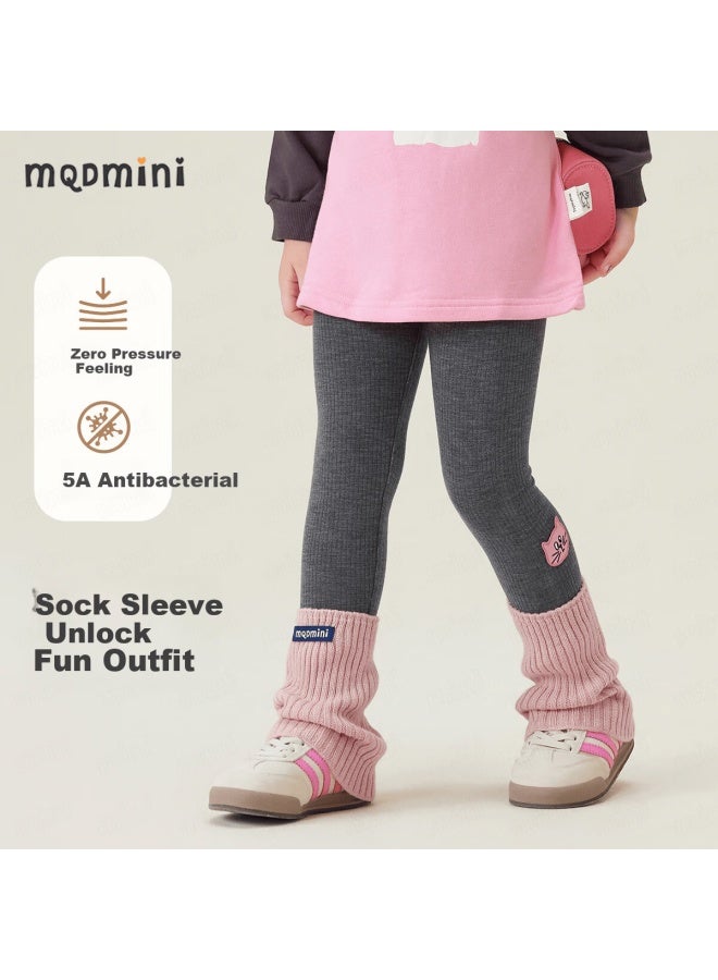Mqdmini [detachable Sock Covers] Girls' Leggings With Stacked Socks Children's Pants Sweet Style Cat Print Leggings For Girls