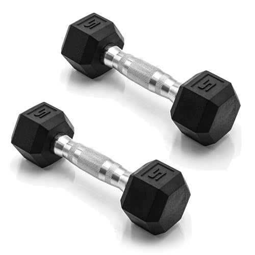 CAP Barbell 5 LB Rubber Coated Hex Dumbbell Hand Weight - Pair | Chrome Handle - Image 1