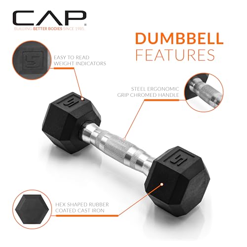 CAP Barbell 5 LB Rubber Coated Hex Dumbbell Hand Weight - Pair | Chrome Handle - Image 3