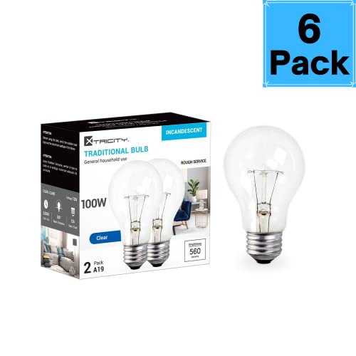 Xtricity A19 Clear Incandescent Rough Service Light Bulb, 100 Watt, 2700K Soft White, E26 Medium Base, 1020 Lumens, 130V (6 Pack) - Image 2