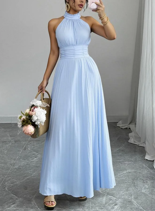 تايك تو Blue High Halter Neck Pleated Maxi Dress