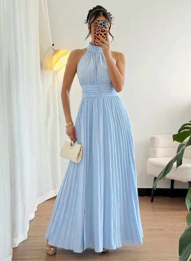 Take Two  Blue High Halter Neck Pleated Maxi Dress for Women | Best Price UAE