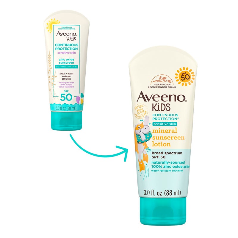 Aveeno Kids Continuous Protection Zinc Oxide Mineral Sunscreen Lotion for Children's Sensitive Skin with Broad Spectrum SPF 50, Tear-Free, Sweat-  Water-Resistant, Non-Greasy, 3 fl. oz - Image 2