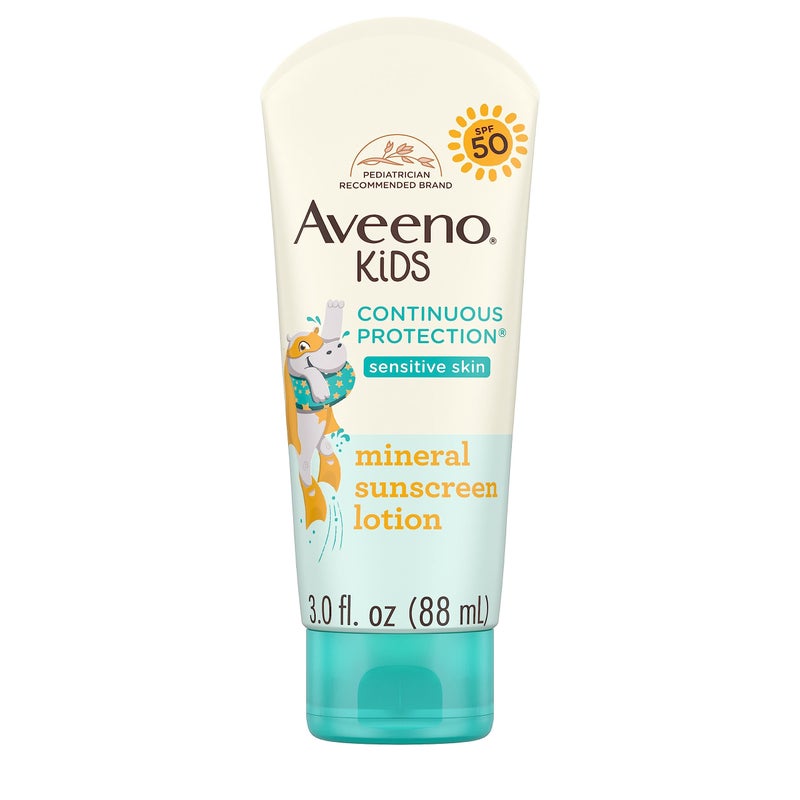 Aveeno Kids Continuous Protection Zinc Oxide Mineral Sunscreen Lotion for Children's Sensitive Skin with Broad Spectrum SPF 50, Tear-Free, Sweat-  Water-Resistant, Non-Greasy, 3 fl. oz - Image 1