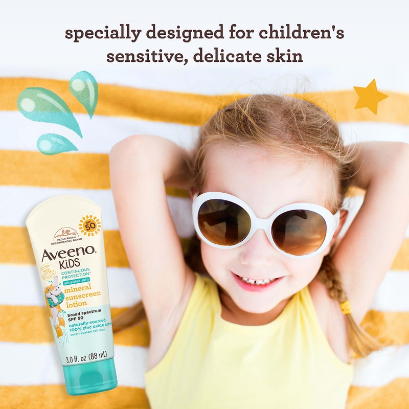 Aveeno Kids Continuous Protection Zinc Oxide Mineral Sunscreen Lotion for Children's Sensitive Skin with Broad Spectrum SPF 50, Tear-Free, Sweat-  Water-Resistant, Non-Greasy, 3 fl. oz - Image 3