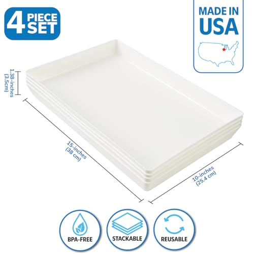 US Acrylic White Plastic Serving Trays (Set of 4) 15” x 10” | Large Unbreakable Reusable Rectangular Party Platters | Serve Appetizers, Fruit, Veggies, & Desserts | BPA-Free & Made in USA - Image 2