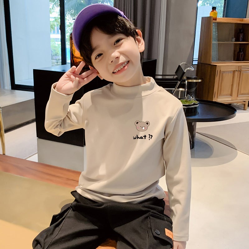 Children'S Base Shirt Half High Collar Boys' Warm Inner Long Sleeve T-Shirt Double-Sided T-Shirt - Image 3