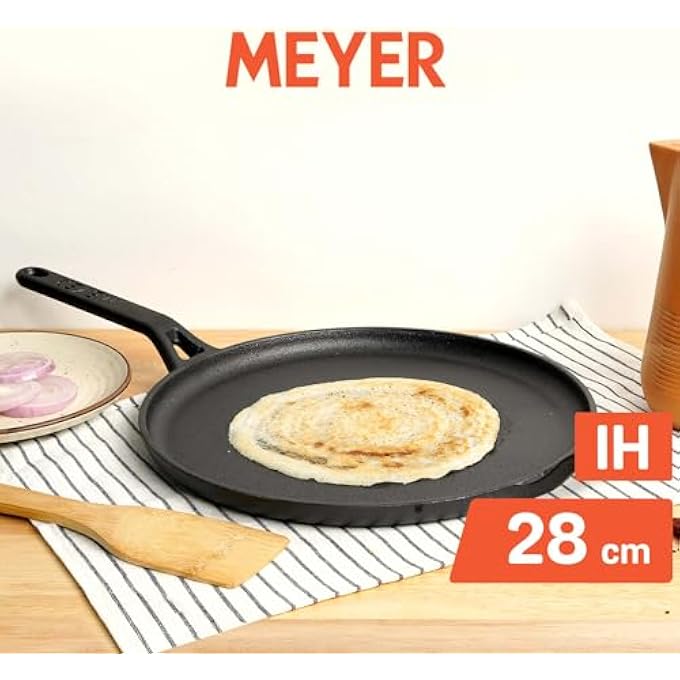 MEYER PreSeasoned Cast Iron Flat Dosa Roti Chapati Tawa Pan With Stick Handle Dosa Kallu Iron Tawa Big Size Cookware  Gas And Induction Compatible  28Cm Black - Image 3