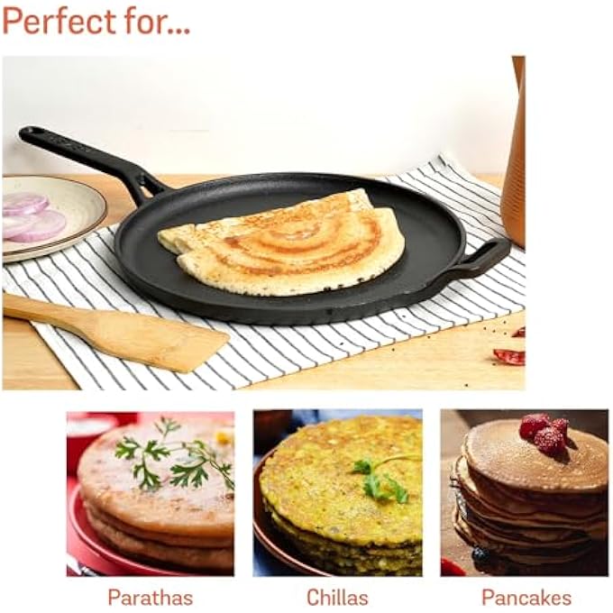 MEYER PreSeasoned Cast Iron Flat Dosa Roti Chapati Tawa Pan With Stick Handle Dosa Kallu Iron Tawa Big Size Cookware  Gas And Induction Compatible  28Cm Black - Image 4