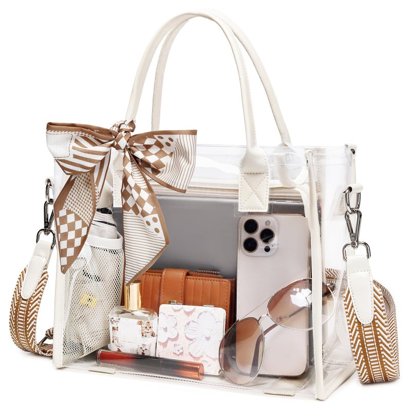 ASKSKY Clear Tote Bag Stadium Events Transparent Clear Purse for Women Thick PVC Plastic Shoulder Bag with Guitar Strap for Sport, Concert, Beach, Beige - Image 1