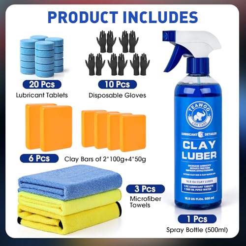 TEAWOO Clay Bars Kit, 6 Clay Bars & 20 PCS Lubricant Tablets, Complete Car Detailing Kit, Spray Bottle, Disposable Gloves and Microfiber Towels for Car Detailing Cleaning - Image 2