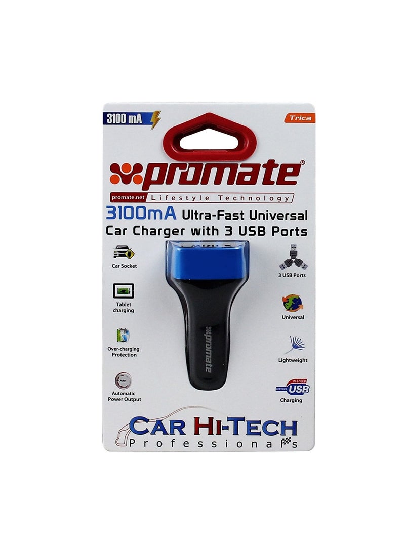PROMATE Ultra-Fast Universal Car Charger With 3 USB Ports Blue - Image 2