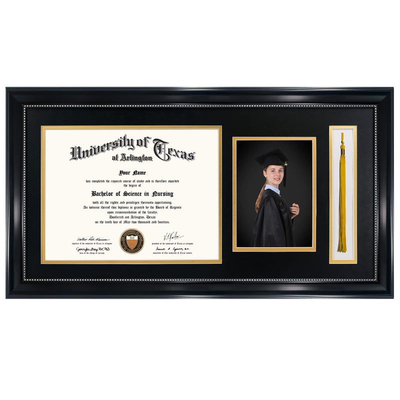 إطار دبلوم أسود من GraduationMall مقاس 11x22 مع حامل شريطة وصورة لشهادة مقاس 85x11 وصورة مقاس 5x7 زجاج حقيقي أسود فوق قاعدة ذهبية