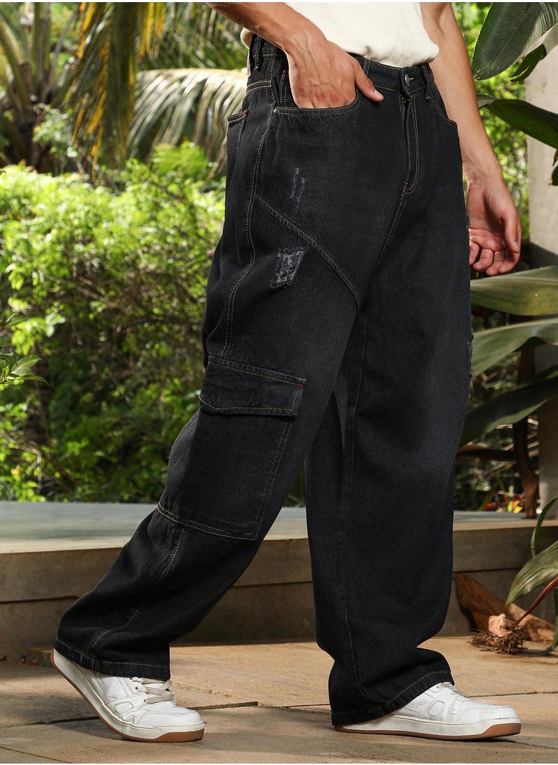 Campus Sutra Campus Sutra Men's Charcoal Black Tinted Relaxed-Utility Denim Jeans For Casual Wear | Mid-Rise | Straight Fit | Button Closure | Denim Jeans Crafted With Comfort Fit For Everyday Wear  - Image 3