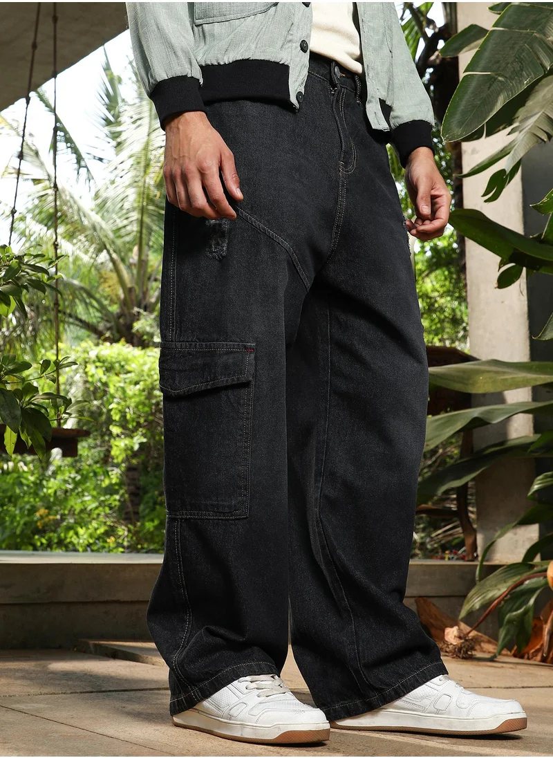 كامبوس سوترا Campus Sutra Men's Charcoal Black Tinted Relaxed-Utility Denim Jeans For Casual Wear | Mid-Rise | Straight Fit | Button Closure | Denim Jeans Crafted With Comfort Fit For Everyday Wear