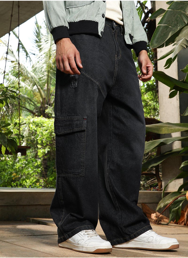 Campus Sutra Campus Sutra Men's Charcoal Black Tinted Relaxed-Utility Denim Jeans For Casual Wear | Mid-Rise | Straight Fit | Button Closure | Denim Jeans Crafted With Comfort Fit For Everyday Wear  - Image 1