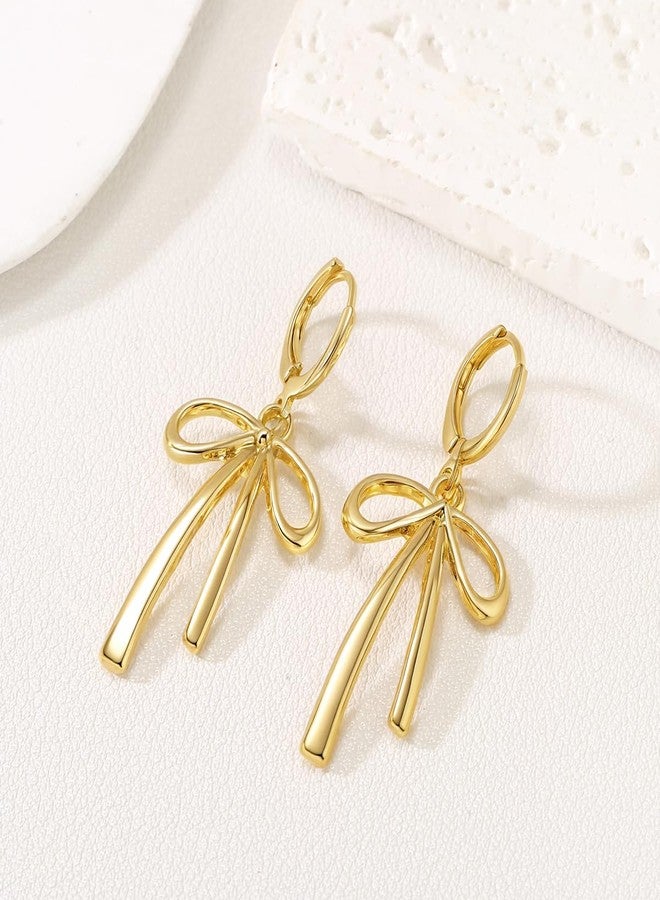 WruFiz Gold Bow Hoop Earrings Drop dangle Ribbon Earrings Hypoallergenic Lightweight Leverback Dangling Christmas Earrings for Women Trendy Jewelry Gift - Image 2