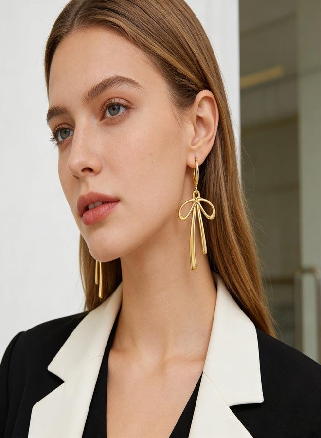 WruFiz Gold Bow Hoop Earrings Drop dangle Ribbon Earrings Hypoallergenic Lightweight Leverback Dangling Christmas Earrings for Women Trendy Jewelry Gift - Image 5