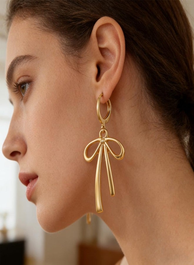 WruFiz Gold Bow Hoop Earrings Drop dangle Ribbon Earrings Hypoallergenic Lightweight Leverback Dangling Christmas Earrings for Women Trendy Jewelry Gift - Image 4
