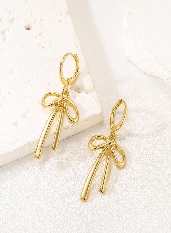 WruFiz Gold Bow Hoop Earrings Drop dangle Ribbon Earrings Hypoallergenic Lightweight Leverback Dangling Christmas Earrings for Women Trendy Jewelry Gift - Image 3