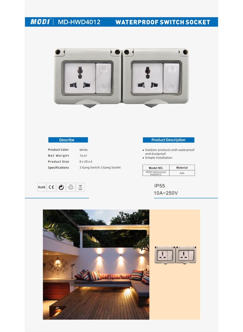 MODI Waterproof Switch Socket IP55 – Outdoor 2 Gang Switch 2 Gang Universal Socket, Wall Mounted Weatherproof Power Outlet for Garden, Patio, Balcony, and Outdoor Use – 10A 250V - Image 2