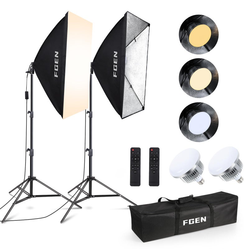 FGen Softbox Set Photo Studio, 2 x 50 x 70 cm Softbox LED Lighting Set with 85W 2700-6400K, 2m Fully Adjustable Light Stand for YouTube, Tiktok Video Recording, Studio Portraits, Photography - Image 1