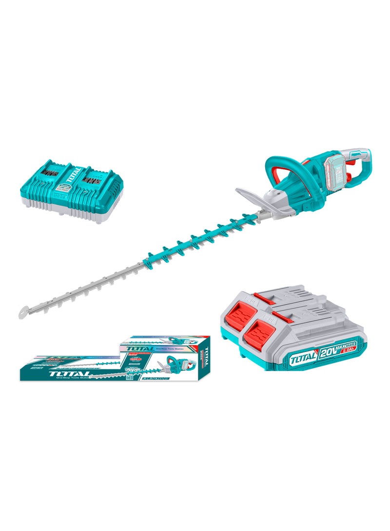 توتال ماكينة تشذيب الشجيرات اللاسلكية بدون فرشات توتال 40 فولت (شفرة 650 مم) - نظام مزدوج عالي الطاقة 20 فولت مع 3600 دورة في الدقيقة، ومسافة بين الأسنان 27 مم، وبطاريتين سعة 2.0 أمبير/ساعة، وشاحن سريع ثنائي المنفذ - THTLI400282 - Image 1