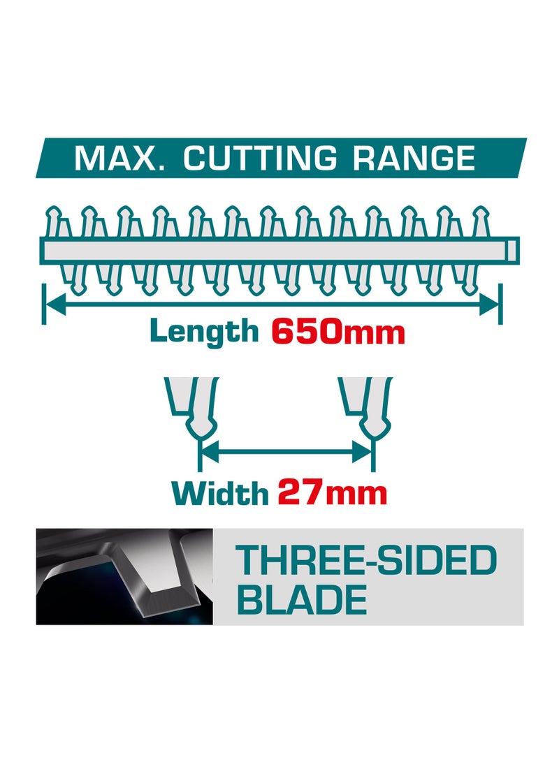 توتال ماكينة تشذيب الشجيرات اللاسلكية بدون فرشات توتال 40 فولت (شفرة 650 مم) - نظام مزدوج عالي الطاقة 20 فولت مع 3600 دورة في الدقيقة، ومسافة بين الأسنان 27 مم، وبطاريتين سعة 2.0 أمبير/ساعة، وشاحن سريع ثنائي المنفذ - THTLI400282 - Image 2