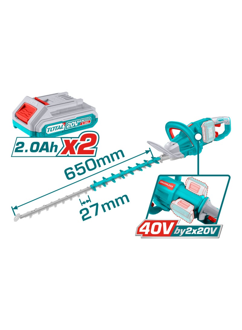 توتال ماكينة تشذيب الشجيرات اللاسلكية بدون فرشات توتال 40 فولت (شفرة 650 مم) - نظام مزدوج عالي الطاقة 20 فولت مع 3600 دورة في الدقيقة، ومسافة بين الأسنان 27 مم، وبطاريتين سعة 2.0 أمبير/ساعة، وشاحن سريع ثنائي المنفذ - THTLI400282 - Image 4