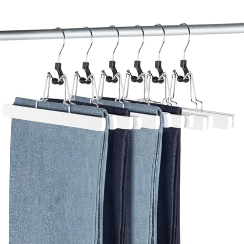AMKUFO 12 Pack White Wooden Pants Hangers with Clips Non Slip Skirt Hangers Trouser Clamp Hanger Solid Wood Hanger with 360° Swivel Hook - Image 2